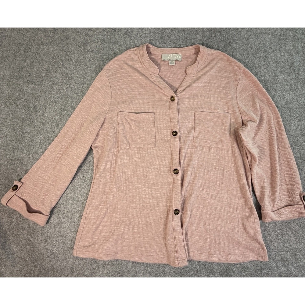 Pink Textured Knit Button Front Collarless Blouse Top Women's Medium Western